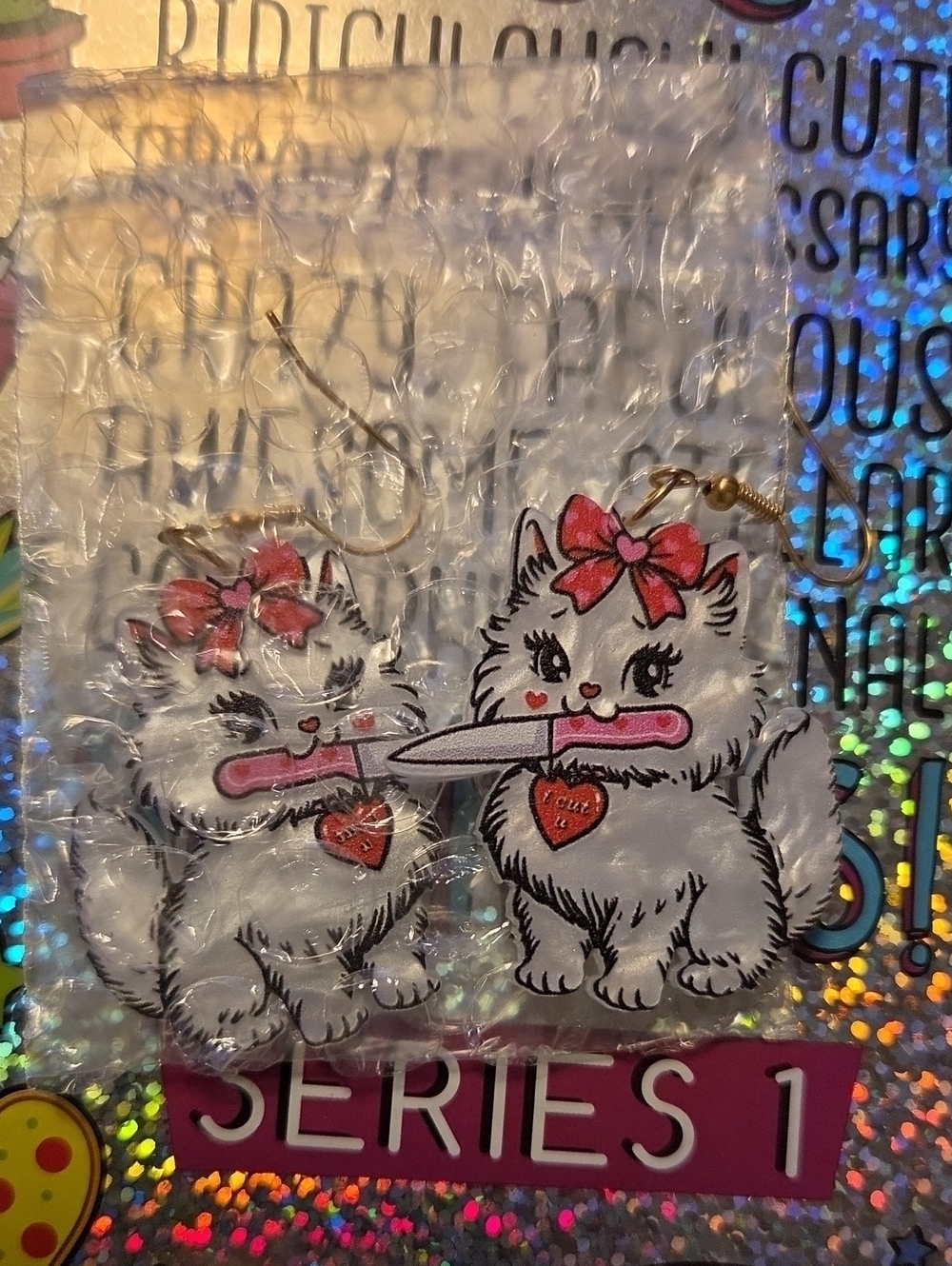 Cute White Kitten Earrings with Pink Bow